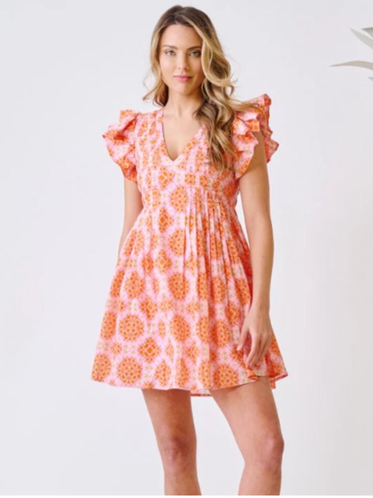 Nwt Brooks Ave Pink And Orange Ruffle Sleeve Mini Dress